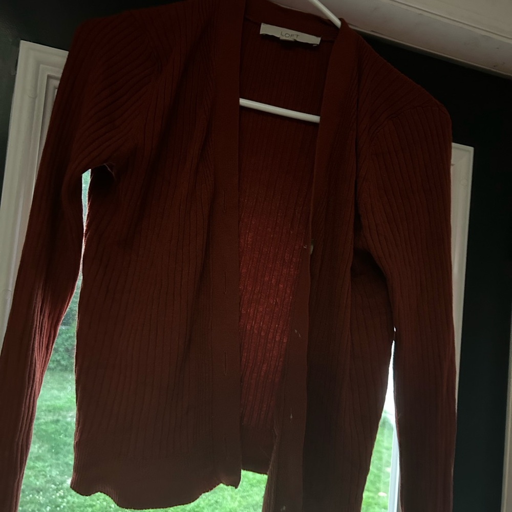 LOFT Brown Cardigan Sweater with Ribbed Texture